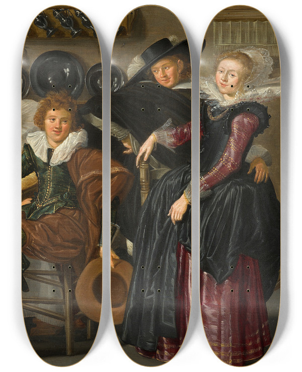 Triptych art skateboard deck of Dirck Hals Merry Company_1 by Dirck Hals (1591-1656)