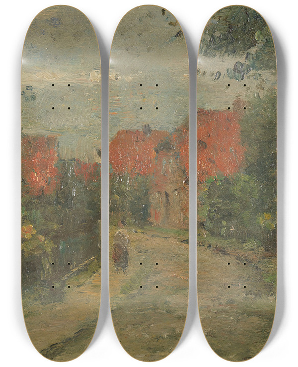 Triptych art skateboard deck of Rudolf Hckner Dorfstrae by Rudolf Hockner (1864-1942)