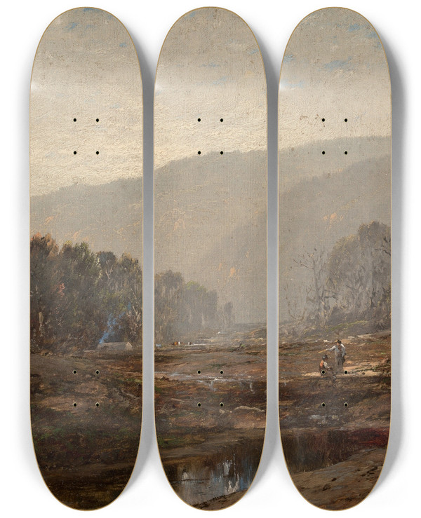 Triptych art skateboard deck of William Louis Sonntag River Landscape by William Louis Sonntag (1822-1900)