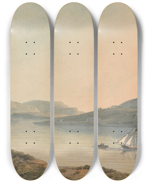 Triptych art skateboard deck of John Warwick Smith View Of The Early Castle Of Diganwy by John Warwick Smith (1749-1831)
