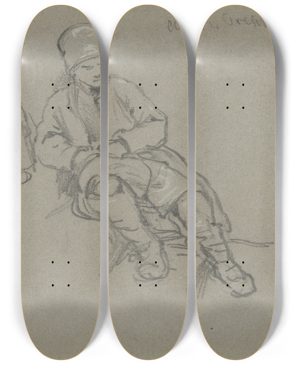Triptych art skateboard deck of Wilhelm Amandus Beer Knabe Und Mdchen An Einer Treppe Sitzend by Wilhelm Amandus Beer (1837-1907)