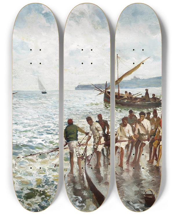 Triptych art skateboard deck of Attilio Pratella Drawing In The Nets by Attilio Pratella (1856-1949)