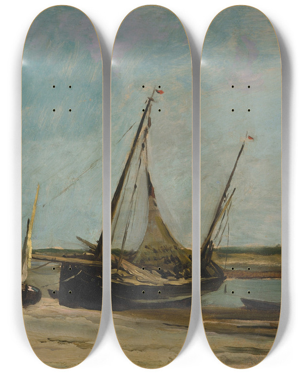 Triptych art skateboard deck of Charles Franois Daubigny Boats On The Seacoast At Taples by Charles Francois Daubigny (1817-1878)