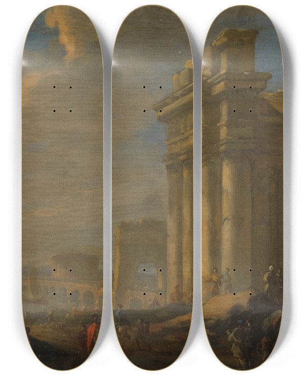 Triptych art skateboard deck of Jacob Van Der Ulft Italian Harbor View by Jacob van der Ulft (1627-1689)