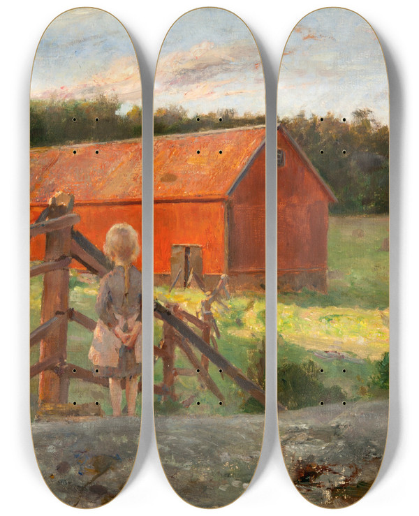 Triptych art skateboard deck of Hanna Hirschpauli The Farm by Hanna Hirsch Pauli (1864-1940)