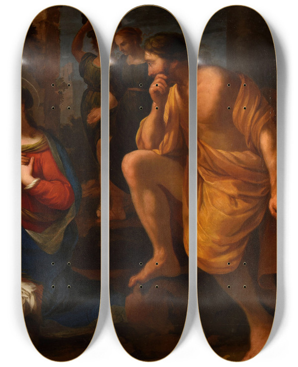 Triptych art skateboard deck of Jean Hlart Ladoration Des Bergers by Jean Helart (1618-1685)