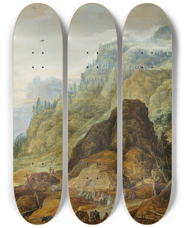 Triptych art skateboard deck of Joos De Momper Mountain Landscape With A Caravan by Joos de Momper (1564-1634)