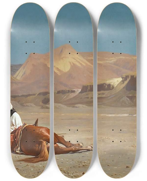 Triptych art skateboard deck of Jeanlon Grme Riderand His Steed In The Desert by Jean-Lon Grme (1824-1904)