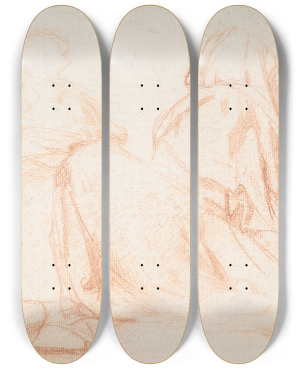 Triptych art skateboard deck of Alexandre Laemlein Four Figures Kneeling In Supplication by Alexandre Laemlein (1813-1871)