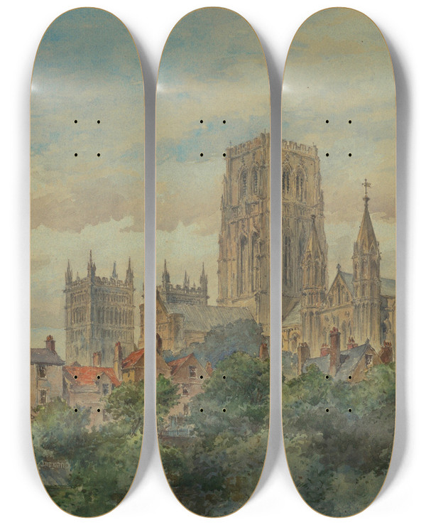 Triptych art skateboard deck of Arnold William Brunner View Of Durham Cathedral by Arnold William Brunner (1857-1925)