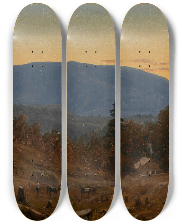 Triptych art skateboard deck of Sanford Robinson Gifford A Study Of Hunter Mountain At Twilight by Sanford Robinson Gifford (1823-1880)
