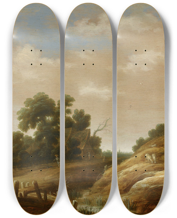Triptych art skateboard deck of Joachim Govertsz Camphuysen A Dune Landscape With A Peasant Woman And Child On A Path Farm Houses Beyond by Joachim Govertsz Camphuysen (1601-1659)