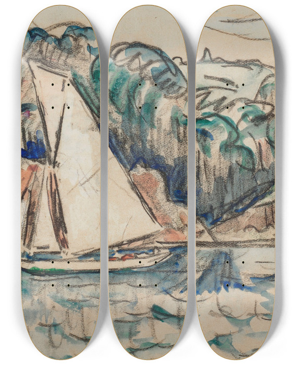 Triptych art skateboard deck of Paul Signac Voilier Naviguant Sur Le Trieux by Paul Signac (1863-1935)