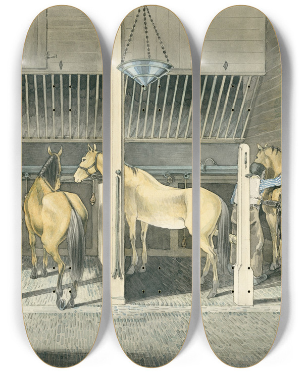 Triptych art skateboard deck of Pieter Van Loon Vier Paarden In Stalboxen Scharreweide by Pieter Van Loon (1801-1873)