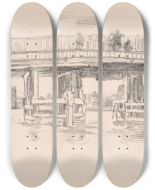 Triptych art skateboard deck of James Abbott Mcneill Whistler Old Battersea Bridge_1 by James Abbott Mcneill Whistler (1834-1903)