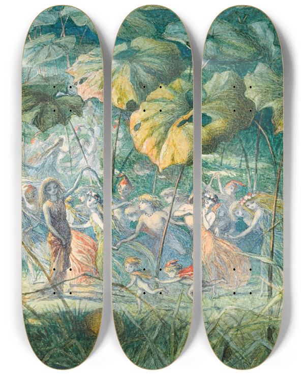 Triptych art skateboard deck of Richard Doyle In Fairy Land An Elfin Dance by Richard Doyle (1824-1883)