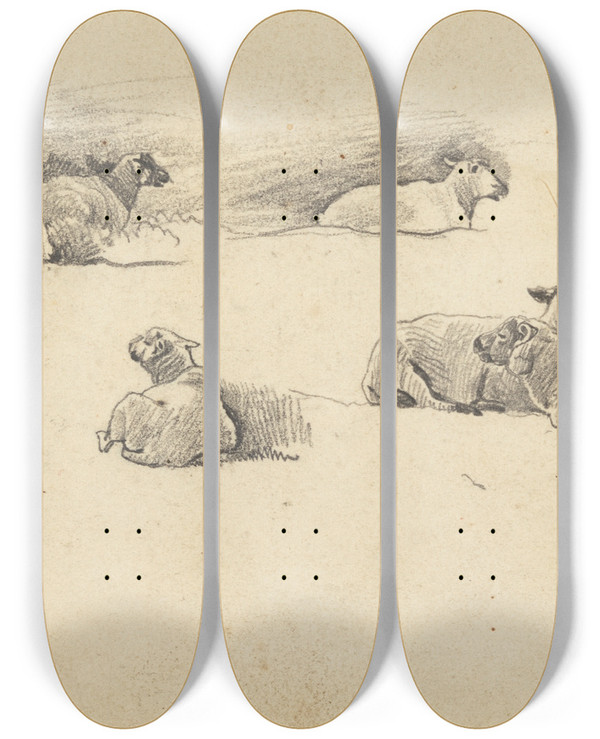 Triptych art skateboard deck of Cornelius Varley Study Of Sheep by Cornelius Varley (1781-1873)