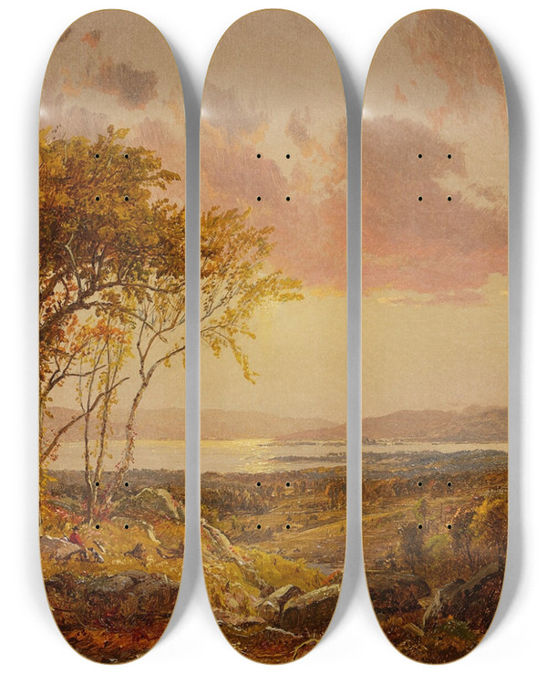 Triptych art skateboard deck of Jasper Francis Cropsey A Distant View Of The Hudson River In The Fall by Jasper Francis Cropsey (1823-1900)