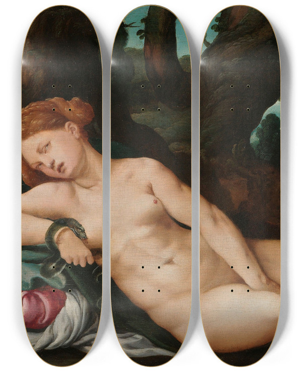 Triptych art skateboard deck of Jan Van Scorel The Dying Cleopatra by Jan Van Scorel (1495-1562)