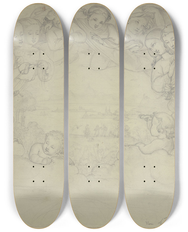 Triptych art skateboard deck of Karl Sandhaas Engelschor Eine Seenlandschaft Mit Staffage Rahmend by Karl Sandhaas (1801-1859)