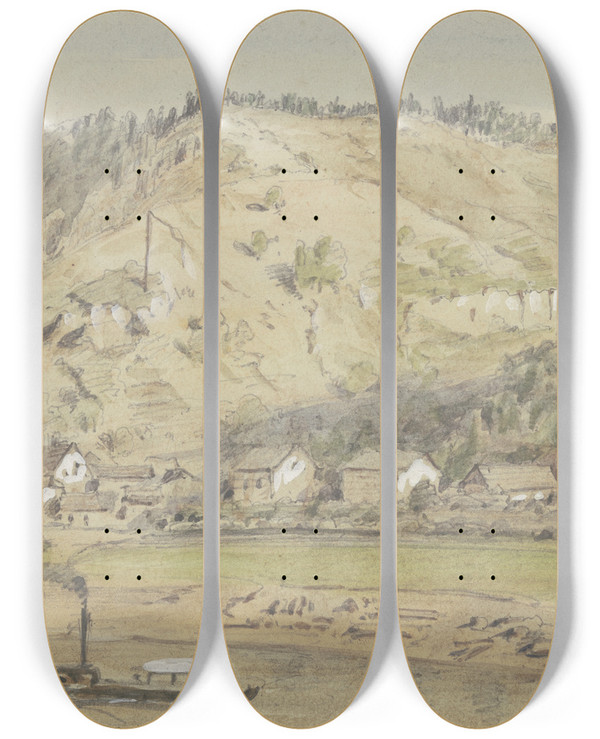 Triptych art skateboard deck of Friedrich Eugen Peipers The Shore Opposite Schandau by Friedrich Eugen Peipers (1805-1885)