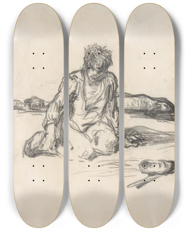 Triptych art skateboard deck of Jeanfranois Millet A Seated Shepherd With His Dog And Sheep by Jean-Franois Millet (1814-1875)