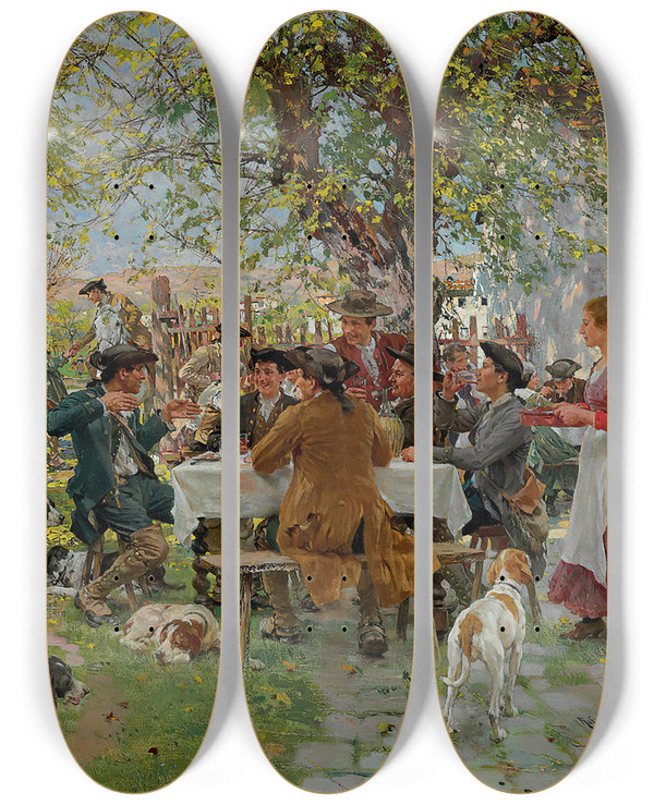 Triptych art skateboard deck of Raffaello Sorbi The Huntsmens Lunch by Raffaello Sorbi (1844-1931)
