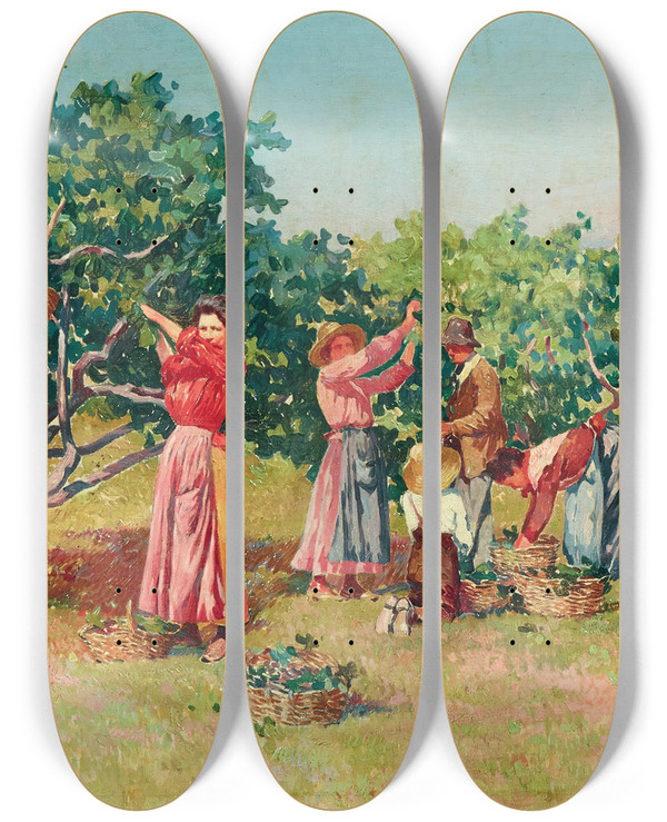 Triptych art skateboard deck of Angiolo Tommasi Harvest In Tuscany by Angiolo Tommasi (1858-1923)