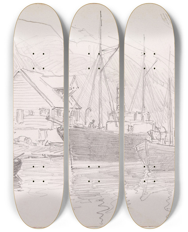 Triptych art skateboard deck of Hans Gude Fra Lrdalsyri by Hans Gude (1825-1903)