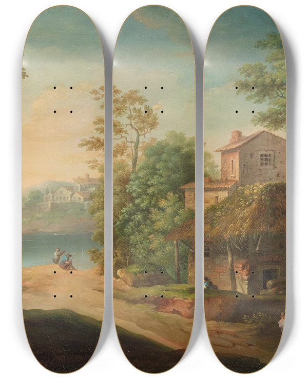 Triptych art skateboard deck of Paolo Anesi A Village By A River With Anglers And Peasants by Paolo Anesi (1700-1774)