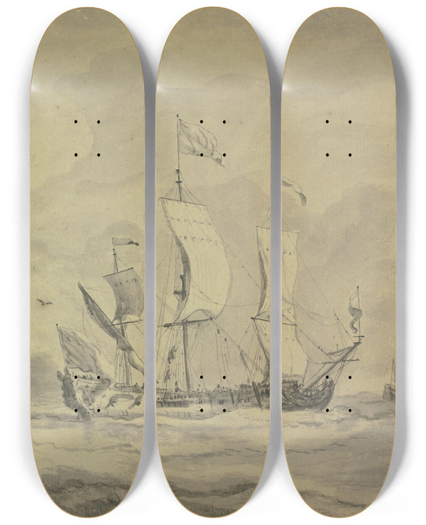 Triptych art skateboard deck of Willem Van De Velde The Younger Ein Dreimaster Nach Rechts Segelnd Dahinter Ein Ruderboot by Willem van de Velde the Younger (1633-1707)