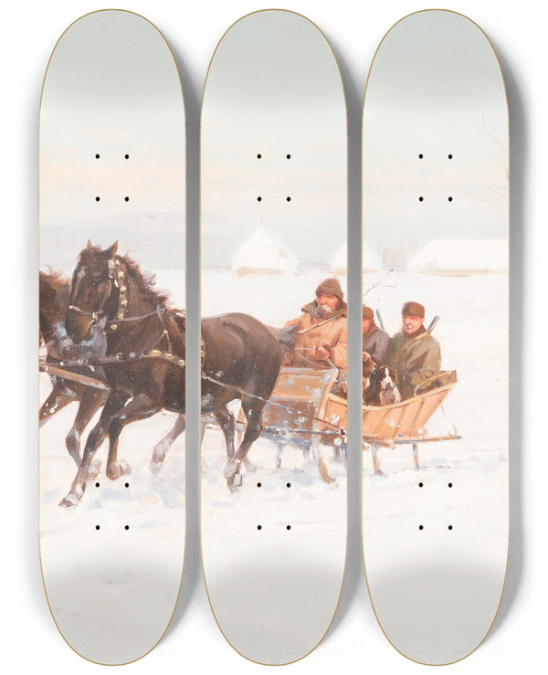 Triptych art skateboard deck of Ignacy Zygmuntowicz Sleights In Snowy Landscape by Ignacy Zygmuntowicz (1875-1947)