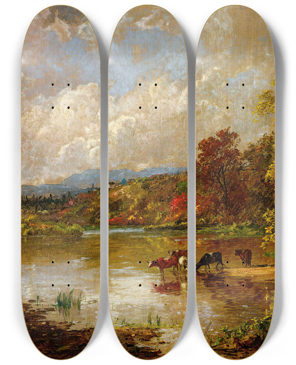 Triptych art skateboard deck of Jasper Francis Cropsey Autumn Afternoon by Jasper Francis Cropsey (1823-1900)
