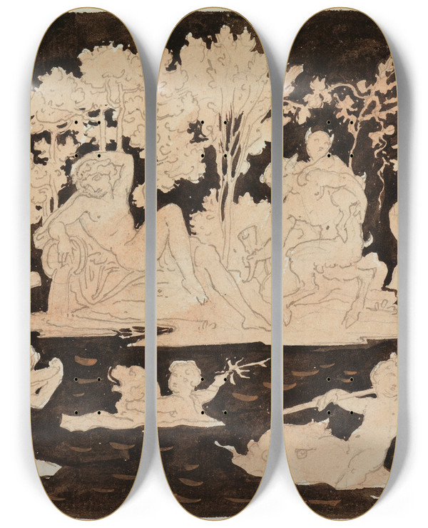 Triptych art skateboard deck of Moritz Von Schwind Die Insel Andros by Moritz Von Schwind (1804-1871)
