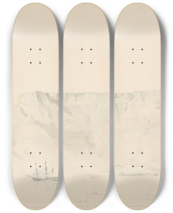 Triptych art skateboard deck of Samuel Davis Shipping Scene With Table Mountain In Background by Samuel Davis (1757-1819)