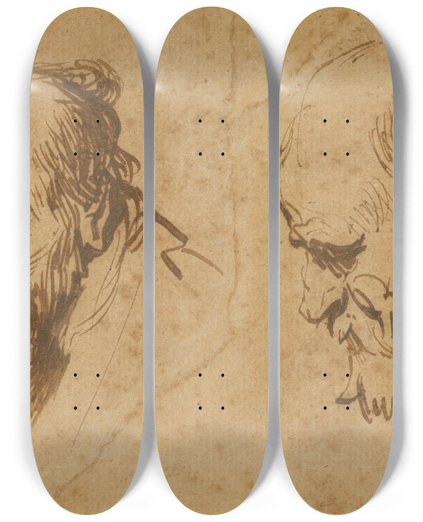Triptych art skateboard deck of Rembrandt Van Rijn Two Studies Of The Head Of An Old Man by Rembrandt Van Rijn (1606-1669)