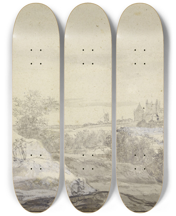 Triptych art skateboard deck of Jacob Van Ruisdael Blick Auf Burg Bentheim by Jacob Van Ruisdael (1628-1682)