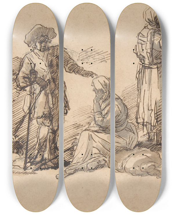 Triptych art skateboard deck of Salvator Rosa Studies For Standing And Seated Figures by Salvator Rosa (1615-1673)