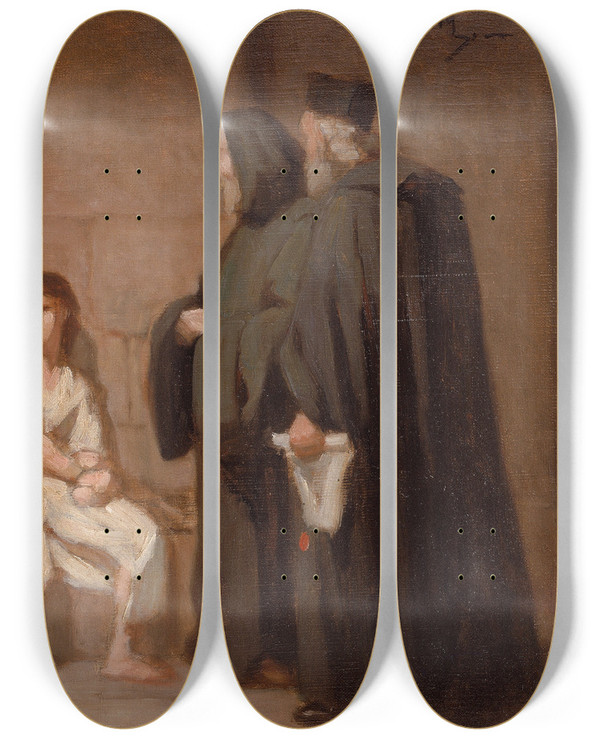 Triptych art skateboard deck of Edouard Moyse Inquisition by Edouard Moyse (1827-1908)