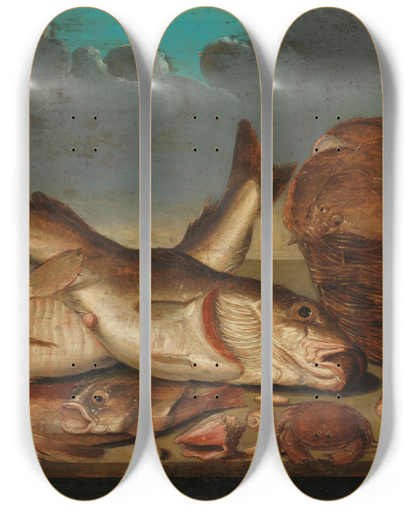 Triptych art skateboard deck of Willem Ormea Still Life With Fish by Willem Ormea (1611-1673)
