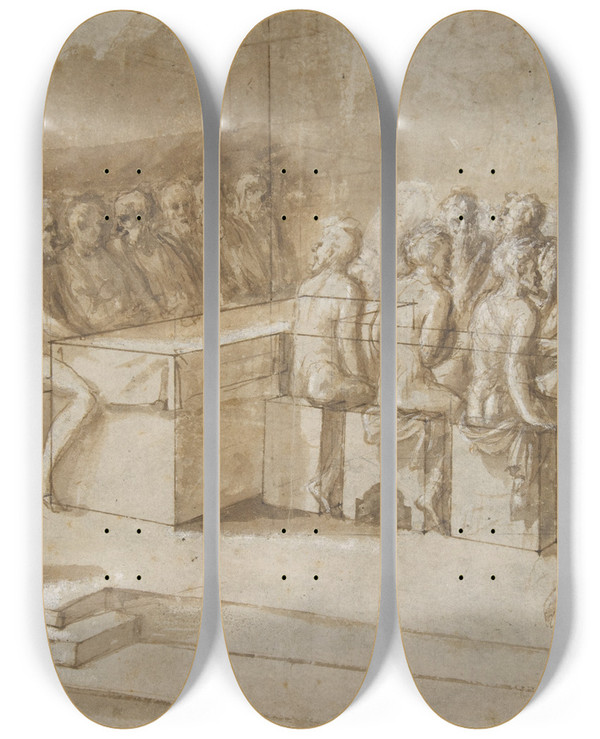 Triptych art skateboard deck of Biagio Pupini Penitent Woman Anointing The Feet Of Christ At The Table Of Simon The Pharisee Luke 73650 by Biagio Pupini (1511-1551)