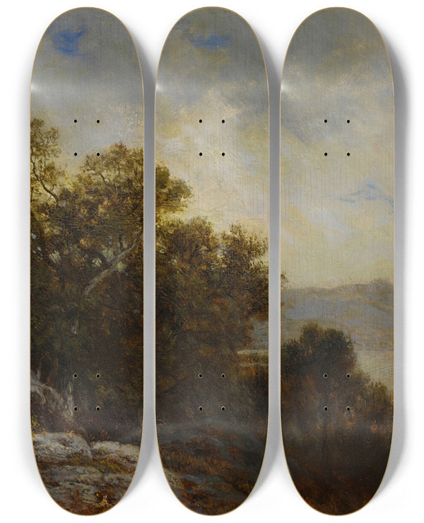 Triptych art skateboard deck of David Johnson Near Hague Lake George by David Johnson (1827-1908)
