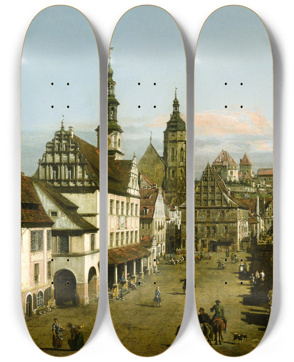 Triptych art skateboard deck of Bernardo Bellotto The Marketplace At Pirna by Bernardo Bellotto (1721-1780)