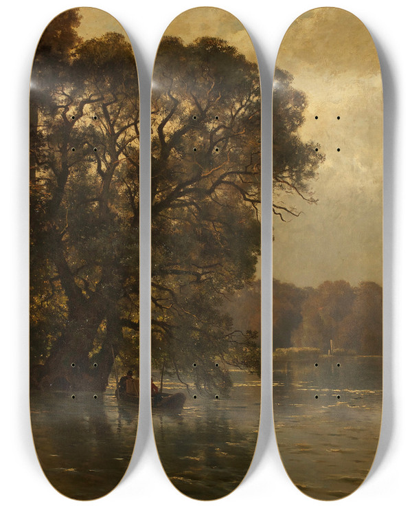 Triptych art skateboard deck of Edmond De Schampheleer Die Schelde Bei Wettern Belgien by Edmond De Schampheleer (1824-1899)