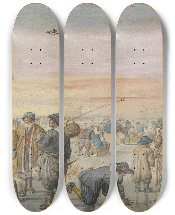 Triptych art skateboard deck of Hendrick Avercamp Winter Scene On The Ice With A Hunter Showing An Otter by Hendrick Avercamp (1585-1634)