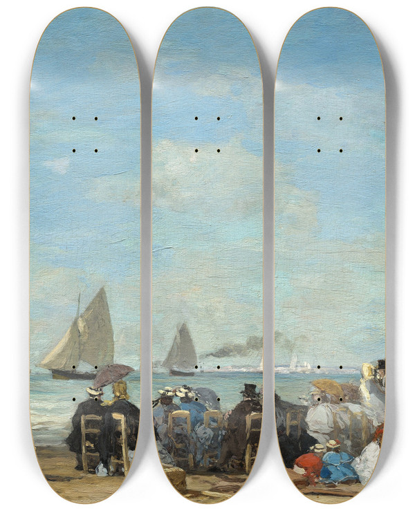 Triptych art skateboard deck of Eugne Boudin Beach Scene At Trouville by Eugene Boudin (1824-1898)