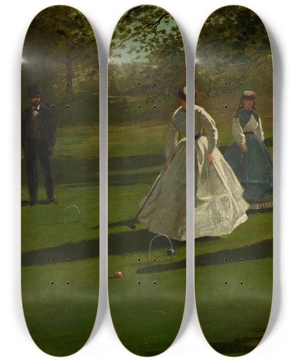 Triptych art skateboard deck of Winslow Homer Croquet Players by Winslow Homer (1836-1910)