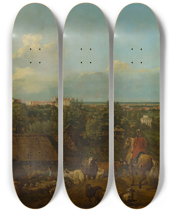 Triptych art skateboard deck of Bernardo Bellotto View Of Ujazdw And Azienki_1 by Bernardo Bellotto (1721-1780)