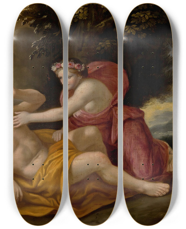 Triptych art skateboard deck of Nicolas Colombel Venus And Adonis by Nicolas Colombel (1644-1717)
