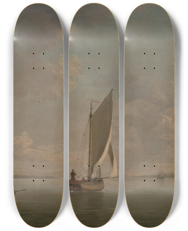 Triptych art skateboard deck of Charles Brooking A Smack Under Sail In A Light Breeze In A River by Charles Brooking (1723-1759)
